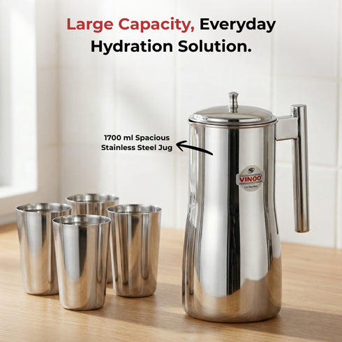 Vinod Stainless Steel Magnum Water Pitcher Jug with Cover 1700 ml Mirror Finish Sturdy Tough Build Dishwasher Safe Leak Free