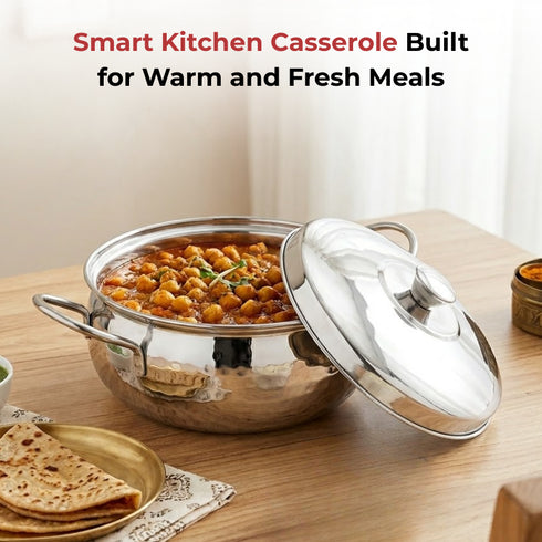 Vinod Stainless Steel Milano Hammered Serving Casserole with Steel Lid and Side Handles 2000 ml Highest grade Stainless Steel Durable Build Rust Free
