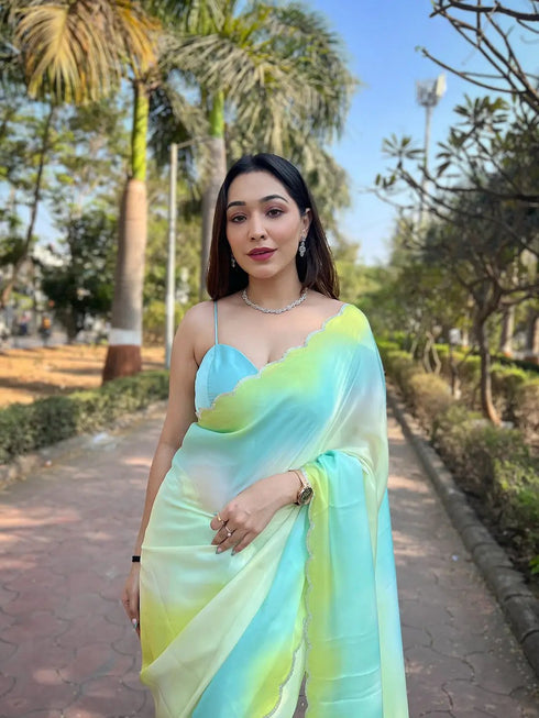 Vasthrlay Blue Satin Georgette Plain Saree