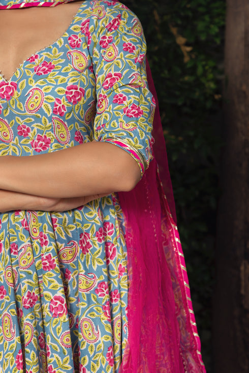 Pomcha Jaipur Jaipuri Hand Block Cotton Anarkali Set With Soft Net Dupatta