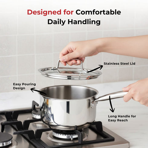 Vinod Doniv Stainless Steel Majestic Sandwich Bottom Sauce Pan 1.5 Liter 16 cms Induction Friendly