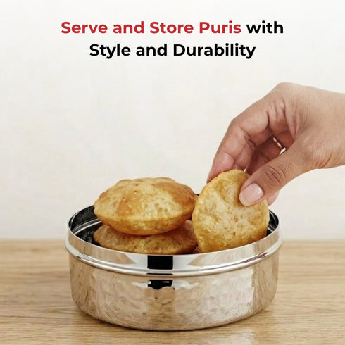Vinod Stainless Steel Hammered Puri Dabba Set of 4 Capacity 1200 ml 1500 ml 2100 ml 2500 ml Heavy Gauge Steel Airtight Lids and Rust Free