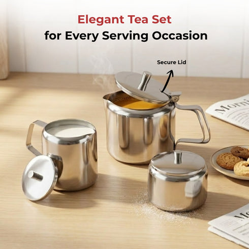Vinod Stainless Steel 3 Piece Large Tea Set 1000 ml Tea Pot 250 ml Milk Pot 250 ml Sugar Pot Highest Grade Steel Mirror Finish Dishwasher Safe