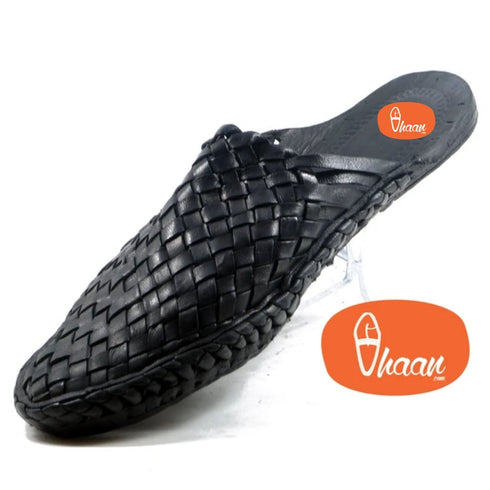 Vhaanfootwear Black Color Handstitched Half Net Slip on Kolhapuri Chappal For Men