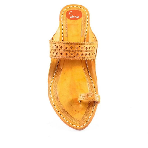 Vhaanfootwear Yellow Ladies Kolhapuri Without Wadi Handicraft Hand Punched Belt
