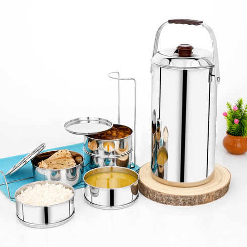 Vinod Stainless Steel Deluxe Hot Tiffin with 5 Compartments Insulated Rust Free Leak Proof Strong and Tough Dishwasher Safe