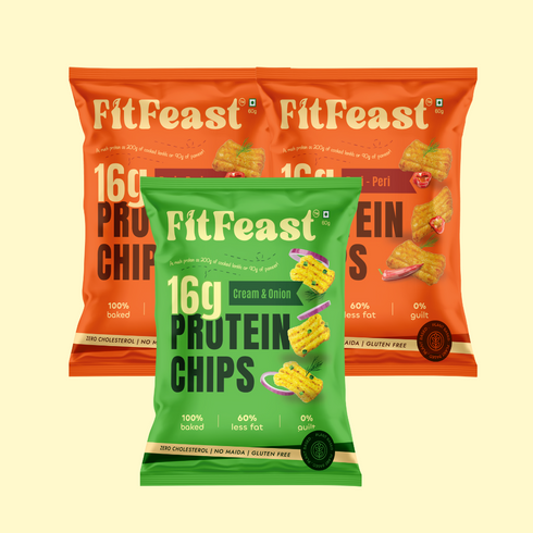 Fitfeast Protein Chips Assorted 2 Peri Peri 1 Cream & Onion (Pack of 3)