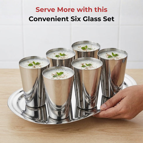 Vinod Stainless Steel Plain Glass Set of 6 300 ml with Highest Grade Steel Mirror Finish Rust Free Easy to Clean and Dishwasher Safe