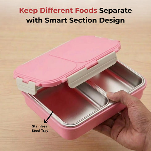 Vinod Stainless Steel Tiffin 2 Compartment Pink Airtight Silicone Sealed Lid Insulated Leak Proof Easy to Clean and Rust Free