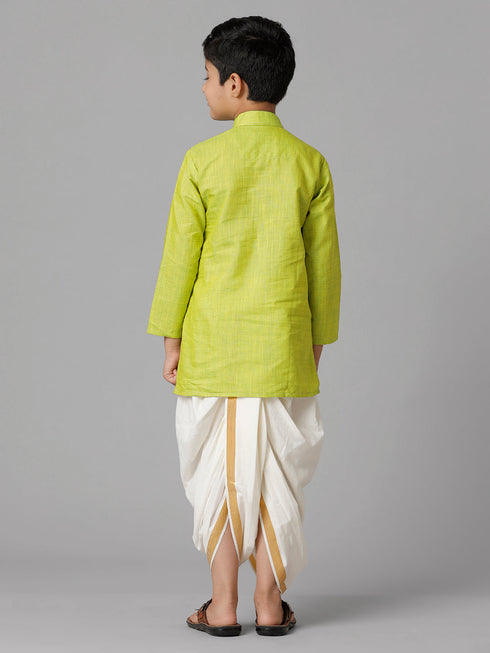Ramraj Cotton Boys Cotton Parrot Green Kurta with Cream Elastic Panchakacham Combo FS2