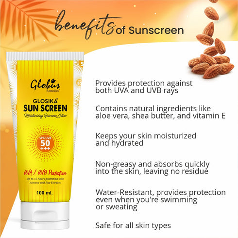 Globus Remedies Glosika Sunscreen Lotion SPF 50 PA+++ Up to 12hrs Protection