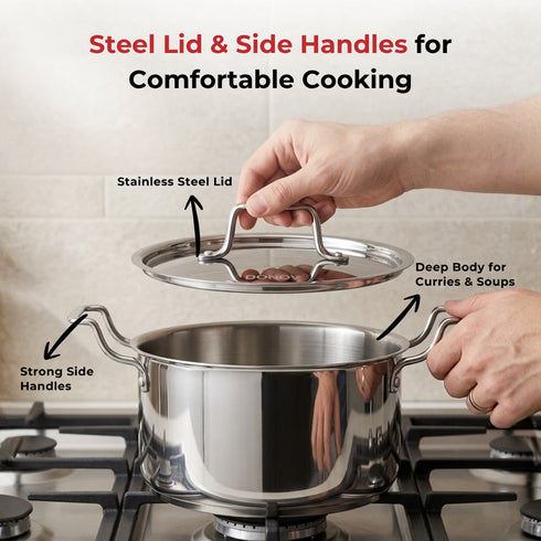 Vinod Doniv Majestic Stainless Steel Sandwich Bottom Sauce Pot With Lid 22 cm 4.5 ltr Induction Friendly
