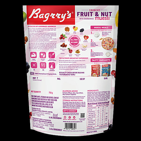 Bagrry's Crunchy Muesli Fruit N Nut with Cranberries 750 GM Pouch