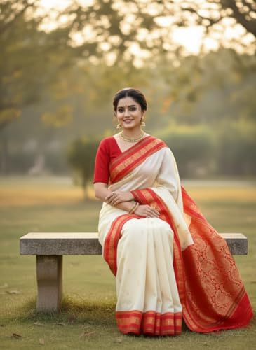 Vasthrlay Cream White Red Border Saree Latest Bengali Saree