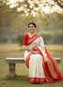 Vasthrlay Cream White Red Border Saree Latest Bengali Saree
