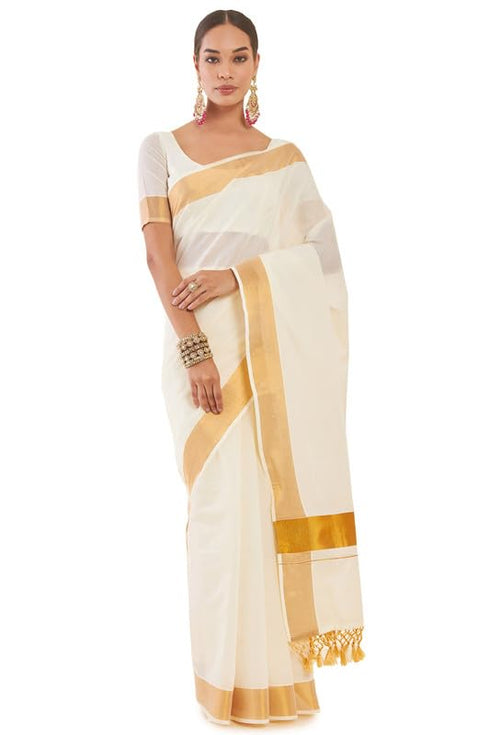 Vasthrlay White Cotton Kasavu Saree Borders