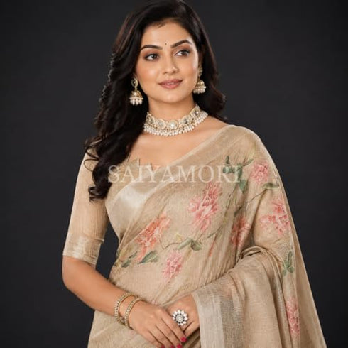 Vasthrlay Cotton Linen Saree With Floral Print Soft Lightweight Ethnic Cream Saree With Unstitched Blouse Piece