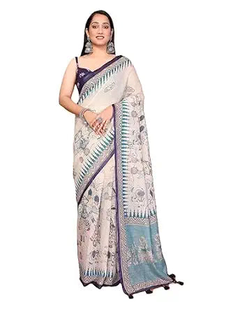 Vasthrlay Cream Floral Printed Design Linen Saree With Solid Unstitched Linen Blouse Piece