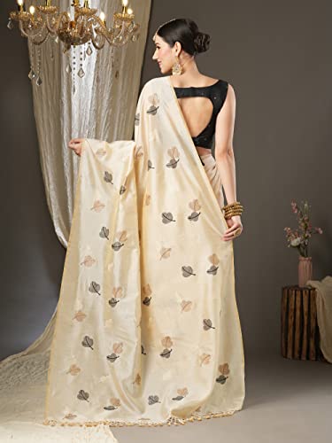 Vasthrlay Banarasi Silk Blend Embroidered Solid Border Cream Saree With Unstitched Blouse Piece