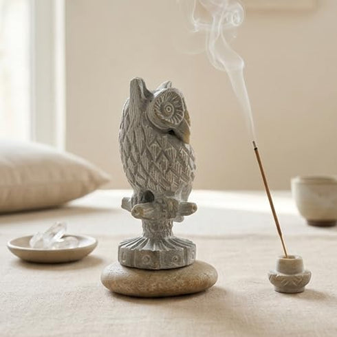 Handmade Soapstone Owl Statue for Home Decor | White Marble Finish Lucky Owl Showpiece