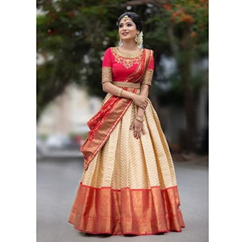 Vasthrlay Banarasi And Kanjivaram Silk Traditional Lehenga Half Saree With Unstitched Choli
