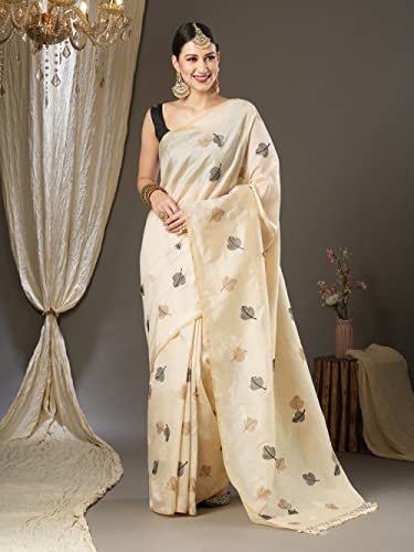 Vasthrlay Banarasi Silk Blend Embroidered Solid Border Cream Saree With Unstitched Blouse Piece