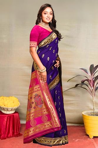 Vasthrlay Kanjivaram Nath Paithani Violet Pink Saree With Blouse Piece