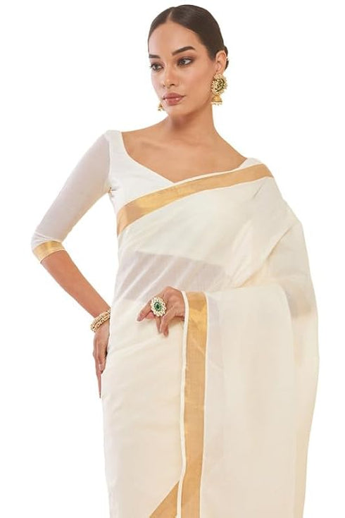 Vasthrlay White Cotton Kasavu Saree Borders