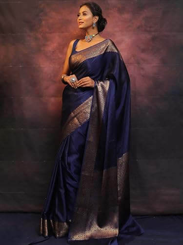 Vasthrlay Banarasi Blue Saree Pure Kanjivaram Silk Blue Saree With Blouse Piece