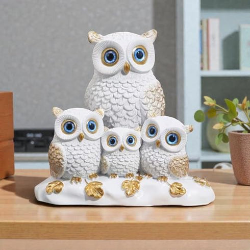 Decorative Owl Family Figurine Statue White with Gold Accents Four Owls Design
