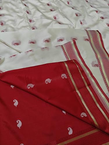 Vasthrlay Cream White Red Border Bengali Saree For Women Traditional Lal Par Sada Banarasi Silk Saree