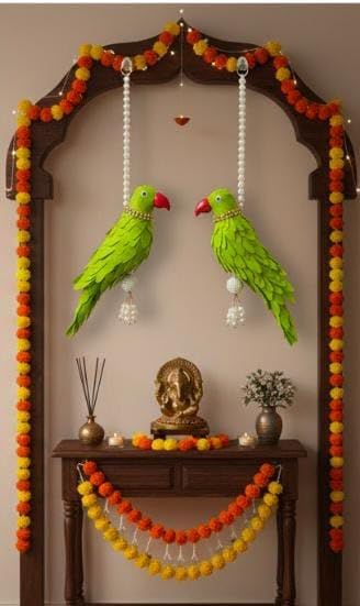 Parrot Hanging Ornament with Pearl Chain | Decorative Green Parrot Latkan with Red Beak