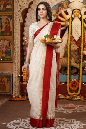Vasthrlay Traditional Bengali Gorod Sarees Red And White Durga Puja Garad Silk Kanjivaram Goroder Lal Paar Sada Border | Zari Buti Sadi Blouse Piece