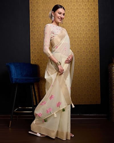 Vasthrlay Linen Silk Cream Saree With Unstitched Blouse with Piece Soft and Skin Friendly