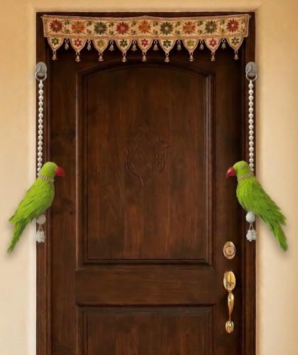 Parrot Hanging Ornament with Pearl Chain | Decorative Green Parrot Latkan with Red Beak
