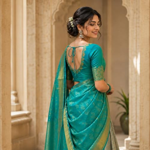 Vasthrlay Banarasi Art Silk Lehenga Choli Set With Dupatta Teal Green And Gold