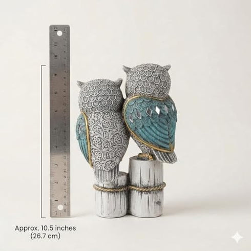 Decorative Owl Figurine Set White and Blue Resin Intricate Pattern Design