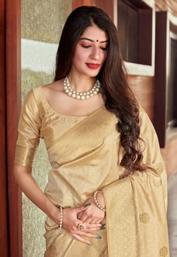 Vasthrlay Kanjivaram Pure Soft Silk Cream Saree Pure Golden Zari With Blouse Piece