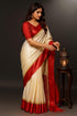 Vasthrlay Red Border White Durga Puja Gorod Bengali Saree | Pure Kanjivaram Sari Banarasi Silk Goroder Lal Par Sada Navratri Pooja Sari With Blouse