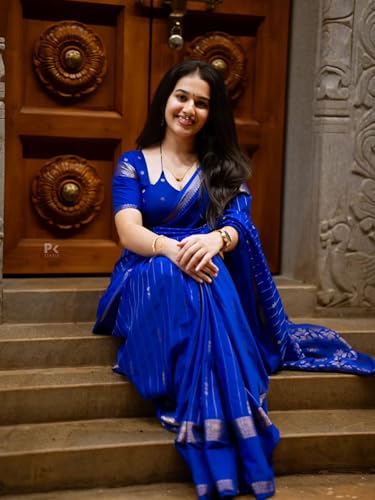 Vasthrla Blue Silk Blue Saree With Silver Zari Border Elegant Occasion With Blouse Piece