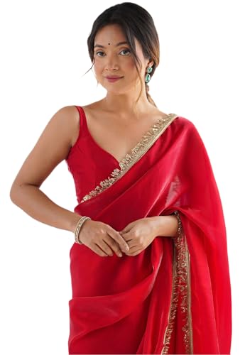 Vasthrlay Red Sequins Unstitched Saree