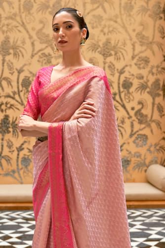 Vasthrlay Kanjivaram Banarasi Silk Pink Saree Zari Woven For Festival Wedding Silk With Rich Pallu Design