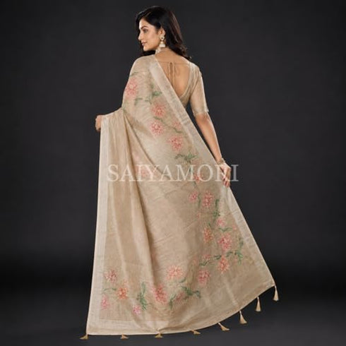 Vasthrlay Cotton Linen Saree With Floral Print Soft Lightweight Ethnic Cream Saree With Unstitched Blouse Piece