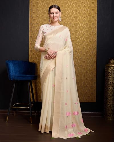 Vasthrlay Linen Silk Cream Saree With Unstitched Blouse with Piece Soft and Skin Friendly