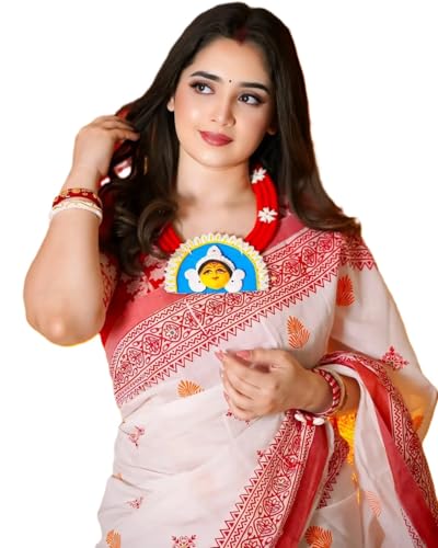 Vasthrlay Bengali Durga Pooja Saree | Heavy Linen Cotton Saree With Digital Print | Motif Tassels | Matching Printed Blouse | 6.30M