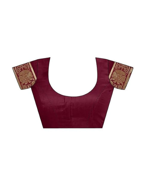Vasthrlay Womens Jacquard Maroon | Gold Saree With Unstitched Blouse Piece