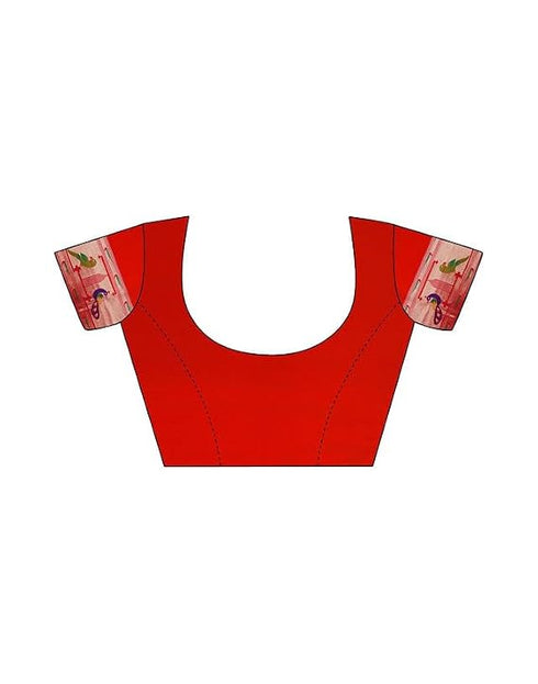 Vasthrlay Womens Paithani Army Green Saree With Red Unstitched Blouse Piece