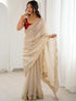 Vasthrlay Fancy Satin Solid Cream Saree With Gold Sequin Embroidered Scallop Border
