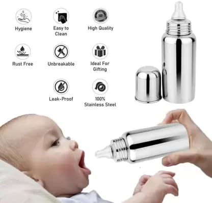 Millionminds Stainless Steel Baby Feeding Milk Bottle and Feeding Bottle with Spoon | Bottle Cleaning Brush and Fruit Feeder