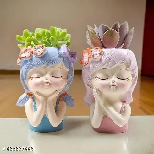 Vikarafty Set Of 2 Cute Head Girl Face Planter Pot Succulent Planter Little Girl Flower Pot